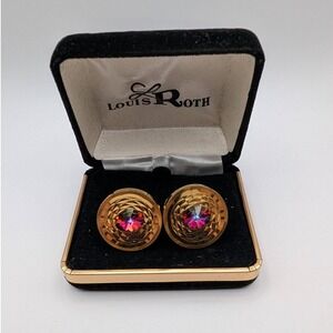 Vintage Louis Roth Gold Tone Iridescent Crystal Concentric Circle Cufflinks Box
